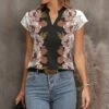 Cheap 🎁 Pink Daisy Black & Pink Rose Cap-Sleeve Notch Neck Top - 👩 Women ✔️