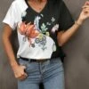 Best Sale 🌟 Pink Daisy Black & White Floral V-Neck Tee - 👩 Women 🧨