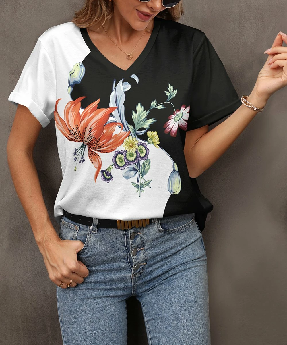 Best Sale π Pink Daisy Black & White Floral V-Neck Tee - π© Women π§¨