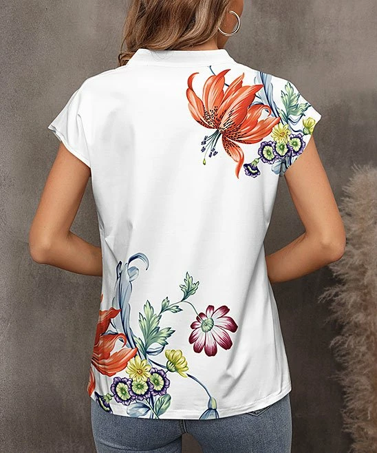 Promo π― Pink Daisy White & Orange Floral Notch Neck Cap-Sleeve Top - π© Women π - Image 2