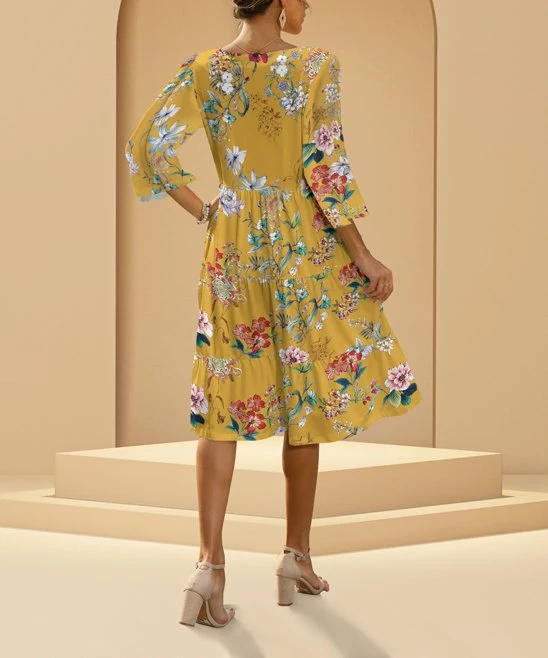 Cheap π Pink Daisy Yellow & White Floral Tiered V-Neck π Dress - π© Women π - Image 2