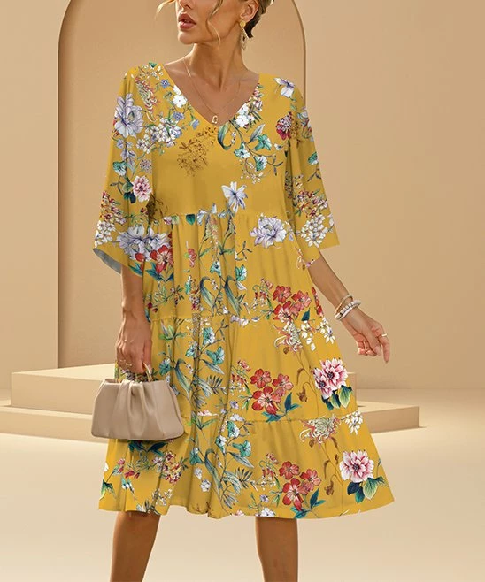 Cheap π Pink Daisy Yellow & White Floral Tiered V-Neck π Dress - π© Women π