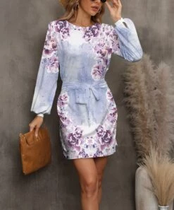 Wholesale ⭐ Pink Daisy Light Blue & Red Round Neck Puff-Sleeve 👗 Dress - 👩 Women 🔔