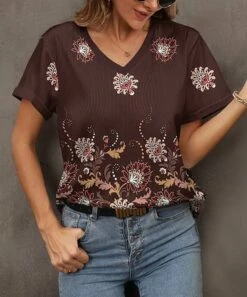 Wholesale π Pink Daisy Brown & Orange Floral V-Neck Top - Plus π