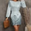 Coupon 🧨 Pink Daisy Sage & Gray Palm Leaves Bishop-Sleeve A-Line 👗 Dress - 👩 Women 🤩
