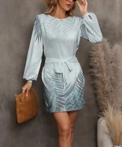 Coupon 𧨠Pink Daisy Sage & Gray Palm Leaves Bishop-Sleeve A-Line π Dress - π© Women π€©