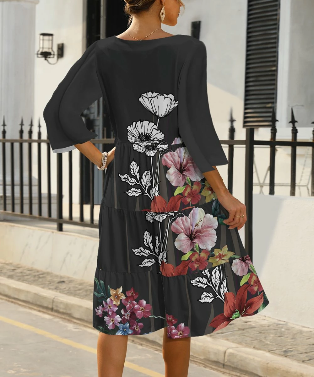 Wholesale π Pink Daisy Gray & Pink Floral Tiered V-Neck A-Line π Dress - Plus π - Image 2