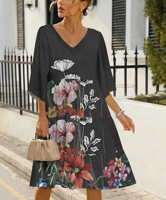 Wholesale π Pink Daisy Gray & Pink Floral Tiered V-Neck A-Line π Dress - Plus π