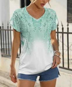 Buy 👍 Pink Daisy Mint & White Ombré Floral V-Neck Tee - 👩 Women 👏