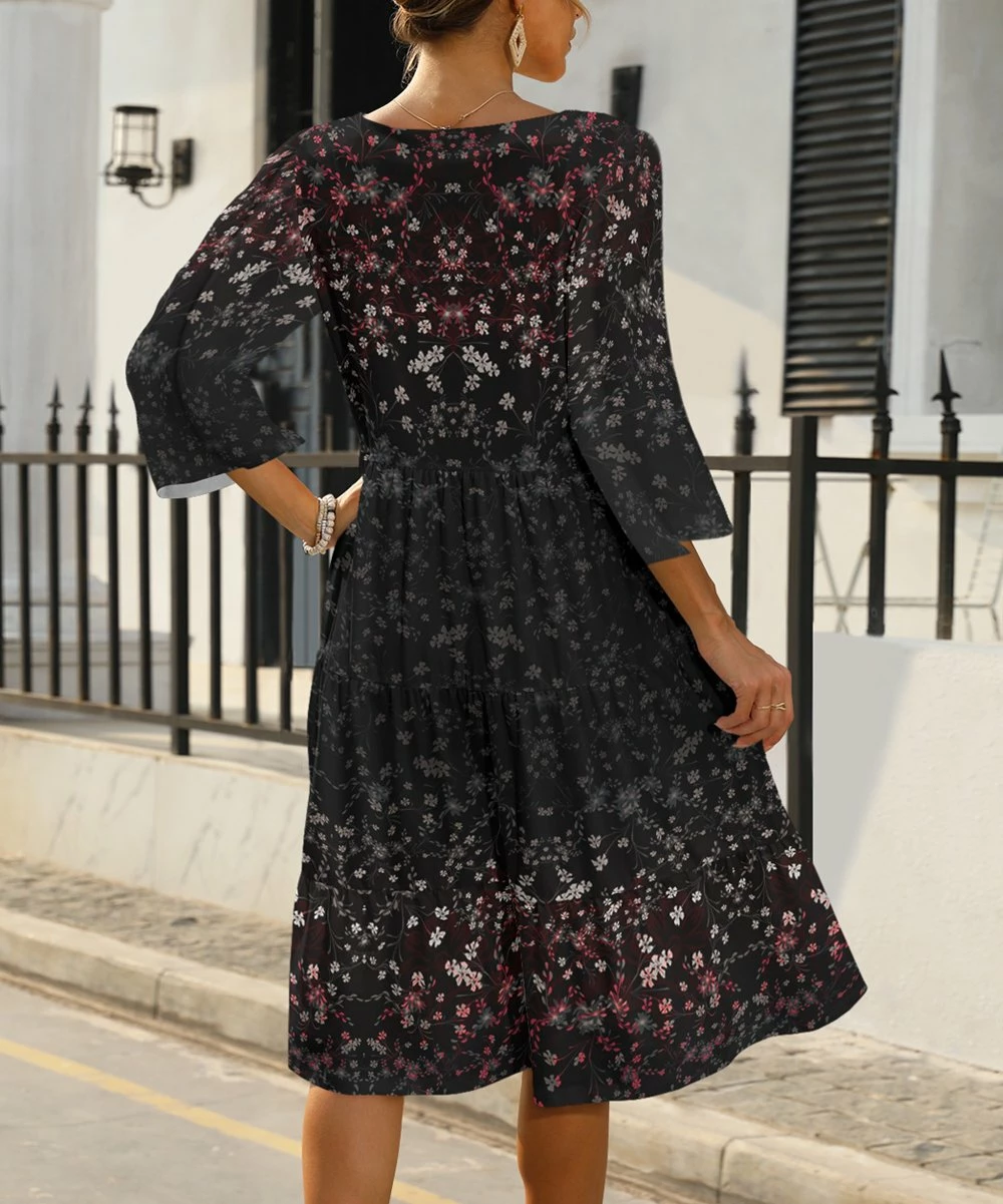 Hot Sale π Pink Daisy Black & Red Floral Tiered V-Neck A-Line π Dress - π© Women & Plus π - Image 2