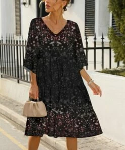 Hot Sale π Pink Daisy Black & Red Floral Tiered V-Neck A-Line π Dress - π© Women & Plus π