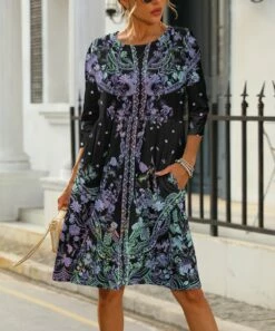 New π Pink Daisy Purple & Green Floral Pocket Three-Quarter Sleeve Shift π Dress - Plus β¨