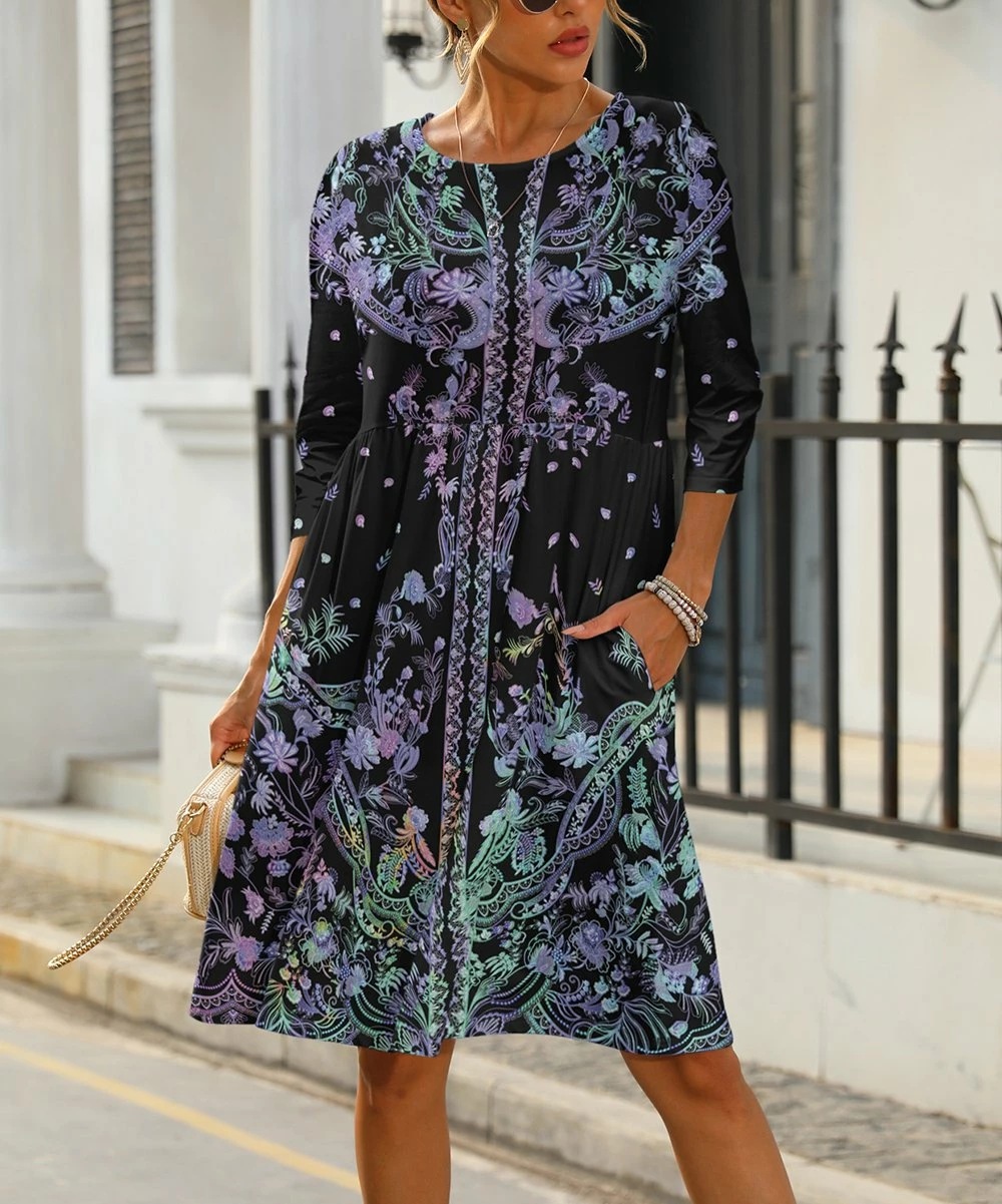 New π Pink Daisy Purple & Green Floral Pocket Three-Quarter Sleeve Shift π Dress - Plus β¨