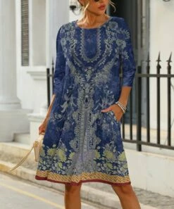 Cheapest 🤩 Pink Daisy Blue Floral Three-Quarter Sleeve A-Line 👗 Dress - 👩 Women 🔥