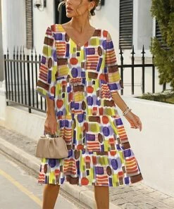 Promo ✨ Pink Daisy Lime & Purple Abstract V-Neck 👗 Dress - Plus 🛒