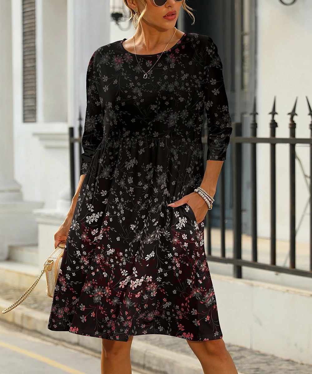 Buy π Pink Daisy Black & Coral Floral Three-Quarter Sleeve A-Line π Dress - π© Women & Plus βοΈ - Image 2