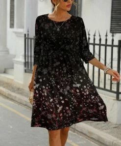 Buy 😍 Pink Daisy Black & Coral Floral Three-Quarter Sleeve A-Line 👗 Dress - 👩 Women & Plus ✔️