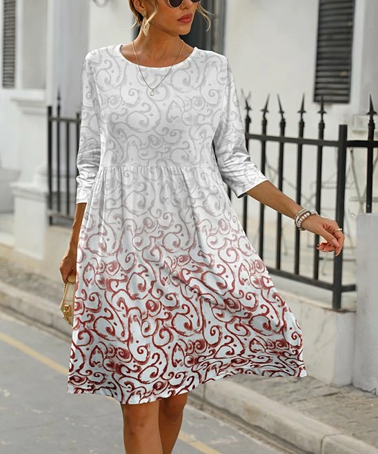 Top 10 π Pink Daisy White & Rust Swirl A-Line π Dress - Plus π