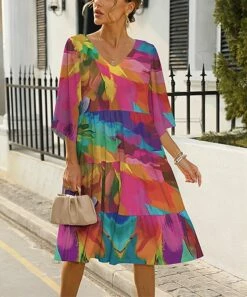 Wholesale ✔️ Pink Daisy Pink & Blue Abstract V-Neck 👗 Dress - 👩 Women ✔️