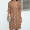 Deals 💯 Pink Daisy Light Brown & White Polka Dot Half-Sleeve Empire-Waist 👗 Dress - 👩 Women & Plus 🎉