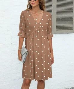 Deals π― Pink Daisy Light Brown & White Polka Dot Half-Sleeve Empire-Waist π Dress - π© Women & Plus π