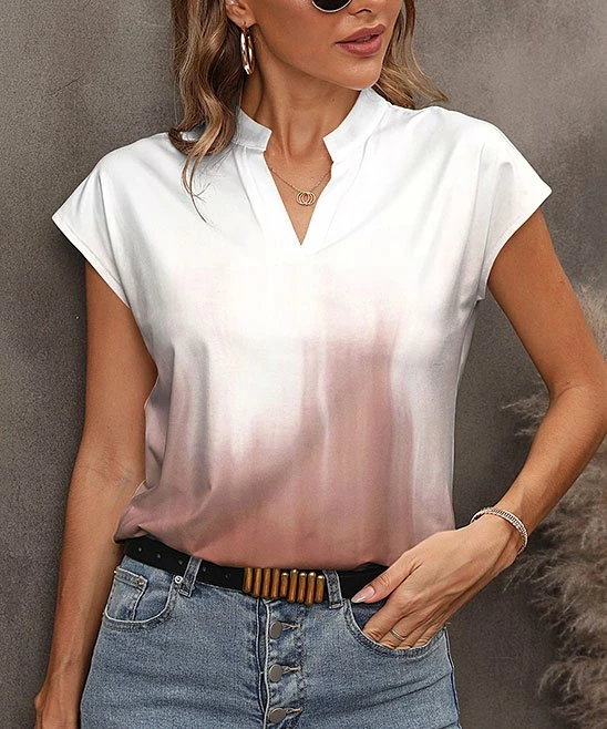 Brand new βοΈ Pink Daisy White & Rust Abstract Short-Sleeve Notch Neck Top - Plus π₯