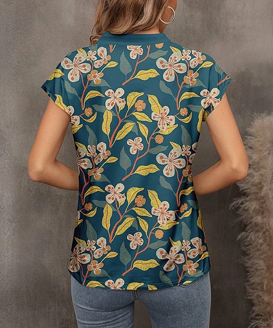 Best reviews of π Pink Daisy Teal & Dusty Blush Floral Vine Notch Neck Top - π© Women β - Image 2