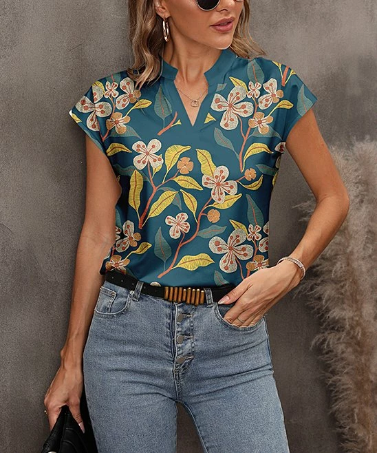 Best reviews of π Pink Daisy Teal & Dusty Blush Floral Vine Notch Neck Top - π© Women β