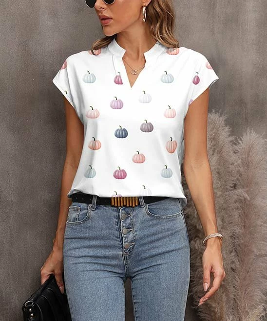 New π Pink Daisy White & Pink Pumpkin Notch Neck Top - Plus π₯°