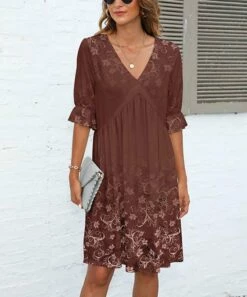 Cheapest 🔥 Pink Daisy Rust Floral Bell-Sleeve V-Neck 👗 Dress - 👩 Women & Plus 😍