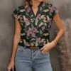 Best Pirce 🛒 Pink Daisy Black & Green Floral Notch Neck Top - 👩 Women 😀