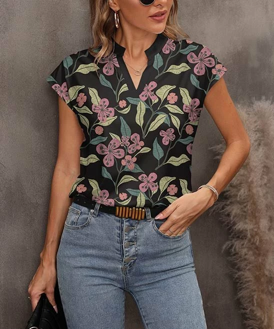 Best Pirce π Pink Daisy Black & Green Floral Notch Neck Top - π© Women π