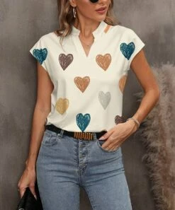 Cheapest 😀 Pink Daisy Cream & Teal Heart Notch Neck Top - 👩 Women 🤩