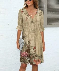 Budget 🛒 Pink Daisy Beige & Red Floral Bell-Sleeve V-Neck 👗 Dress - 👩 Women & Plus 🧨