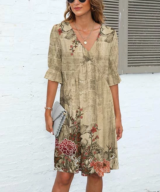 Budget π Pink Daisy Beige & Red Floral Bell-Sleeve V-Neck π Dress - π© Women & Plus π§¨