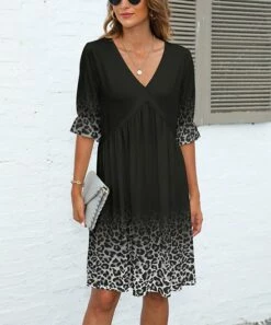 Buy ⌛ Pink Daisy Black Leopard Ombré Poet-Sleeve V-Neck Empire-Waist 👗 Dress - 👩 Women 🤩