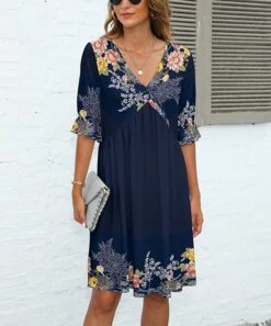 Hot Sale β Pink Daisy Navy Floral Poet-Sleeve V-Neck Empire-Waist π Dress - π© Women π