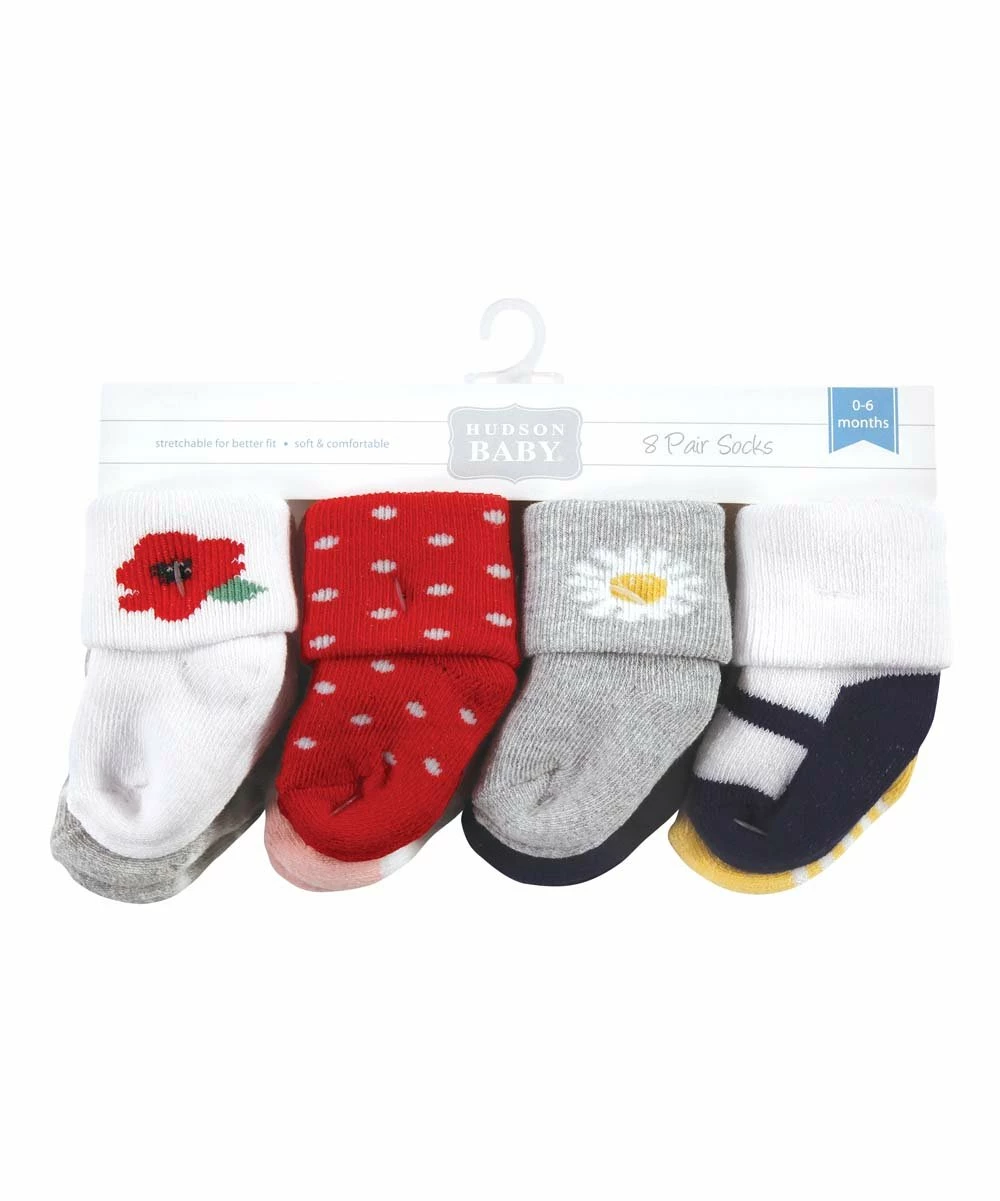 Hot Sale β Hudson Baby White & Red Wildflower Eight-Pair 𧦠Socks Set - Infant π - Image 2