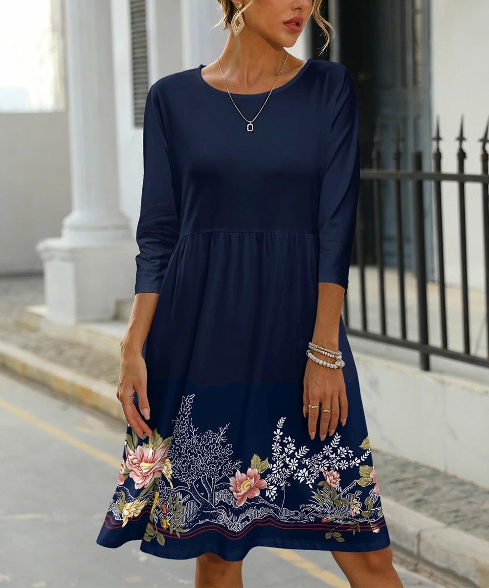 Cheapest 𧨠Pink Daisy Navy Blue & Pink Floral Three-Quarter Sleeve π Dress - Plus π₯° - Image 2