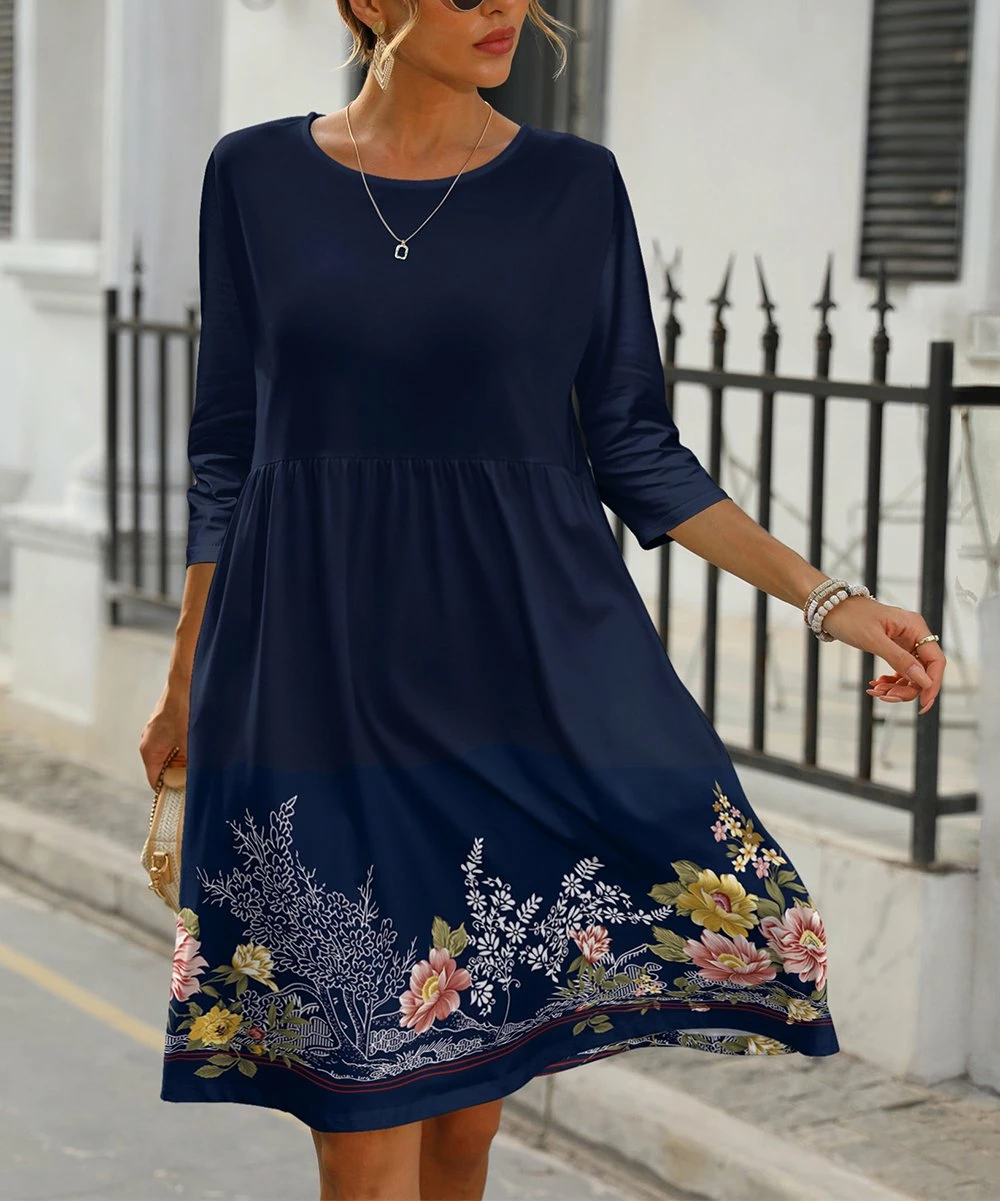 Cheapest 𧨠Pink Daisy Navy Blue & Pink Floral Three-Quarter Sleeve π Dress - Plus π₯°