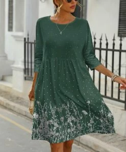 Hot Sale β Pink Daisy Green & White Floral Polka Dot Three-Quarter Sleeve A-Line π Dress - π© Women π