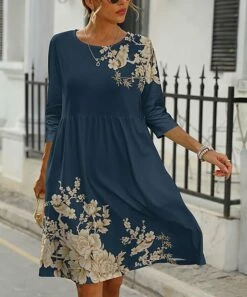 Buy ✨ Pink Daisy Navy & Beige Floral Three-Quarter A-Line 👗 Dress - 👩 Women & Plus 🛒