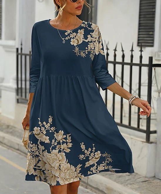 Buy β¨ Pink Daisy Navy & Beige Floral Three-Quarter A-Line π Dress - π© Women & Plus π