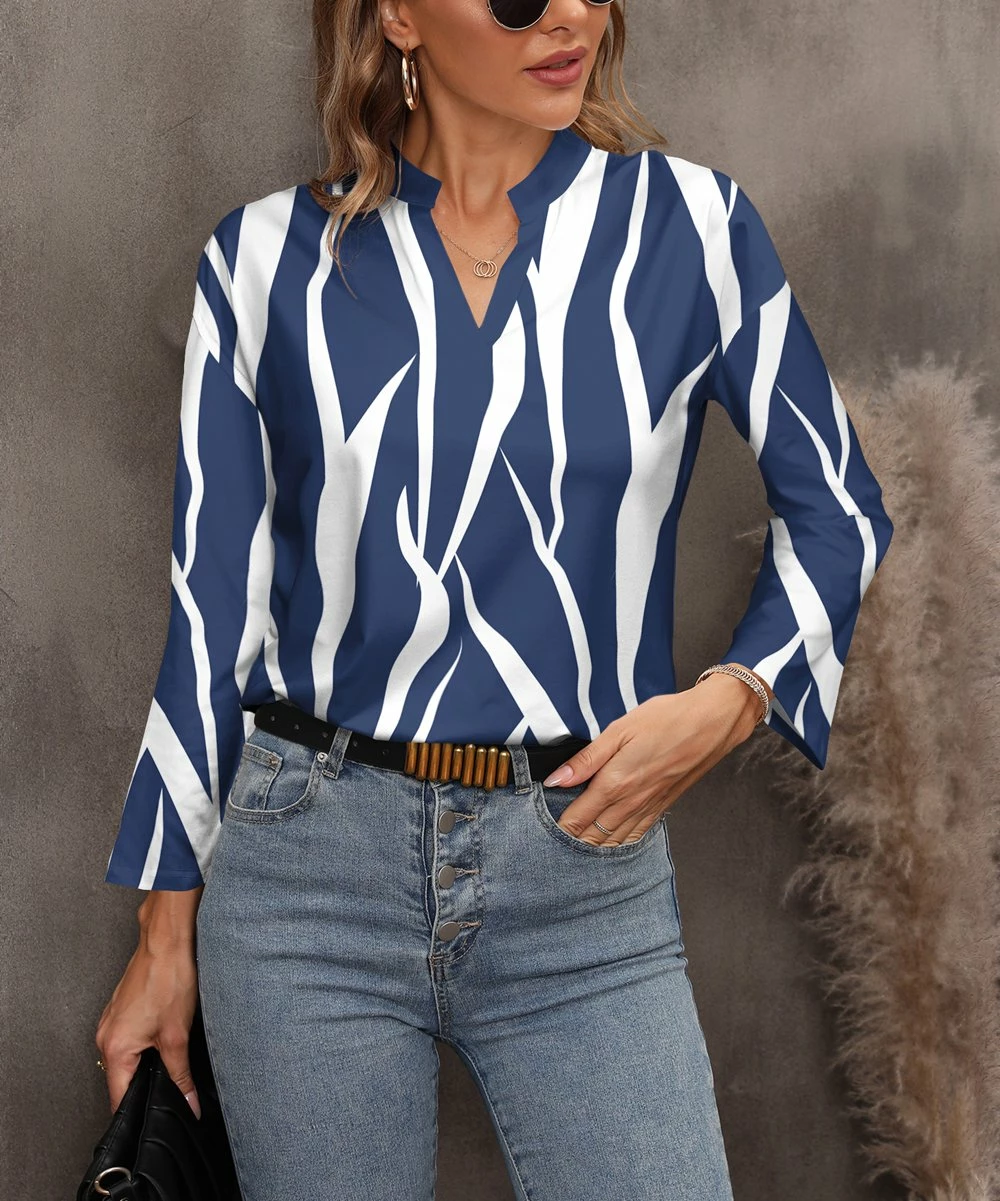 Budget π Pink Daisy Blue & White Abstract Long-Sleeve Notch Neck Top - π© Women π