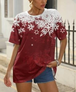 Deals ✔️ Pink Daisy Red & White Snowflake Shoulder Oversize Tee - 👩 Women 👍