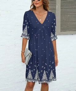 Best Pirce 🥰 Pink Daisy Navy & White Abstract Triangle Empire-Waist V-Neck 👗 Dress - Plus 🎉