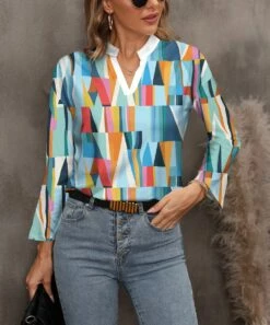 Deals 🧨 Pink Daisy Blue & Orange Abstract Long-Sleeve Notch Neck Top - 👩 Women ❤️