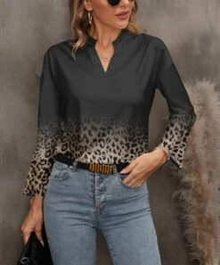 Best Sale 👏 Pink Daisy Black & Tan Ombré Leopard Long-Sleeve Notch Neck Top - 👩 Women 😉