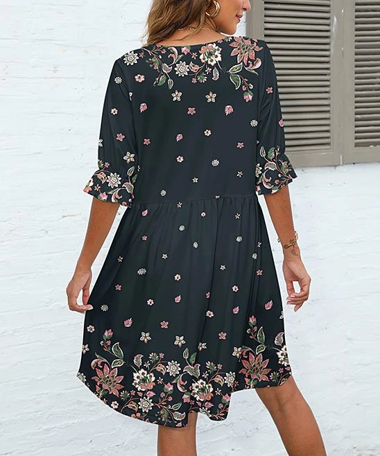 Best reviews of π Pink Daisy Black-Green & Pink Floral Triangle Empire-Waist V-Neck π Dress - π© Women β - Image 2