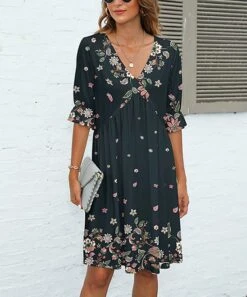 Best reviews of π Pink Daisy Black-Green & Pink Floral Triangle Empire-Waist V-Neck π Dress - π© Women β